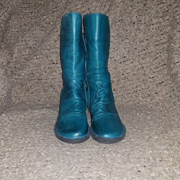 MIZ MOOZ-Teal Leather Ruched Mid Boots-Parnell-Rare Color-Sz 36-Near Mint - Picture 3 of 7